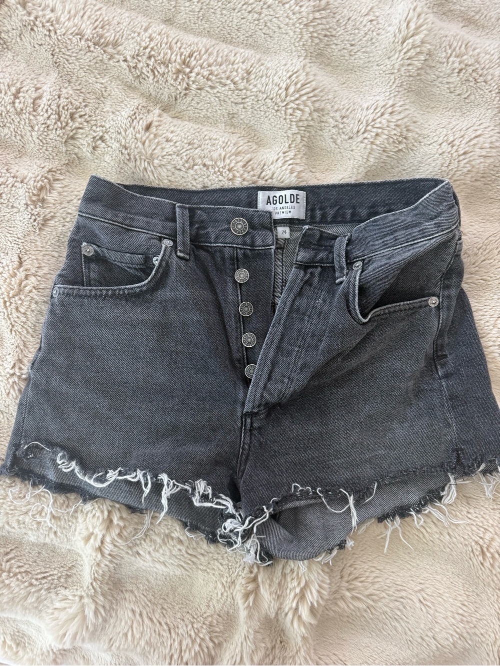 Agolde Charcoal Black High-Rise Frayed Hem Jean Shorts
